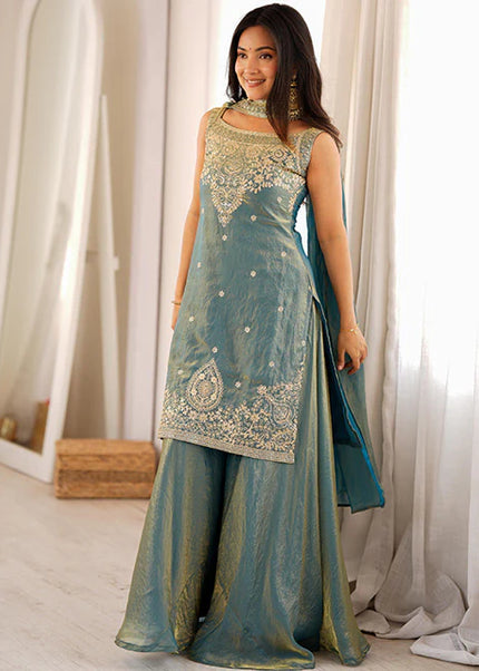 Blue Embroidered Sharara Suit