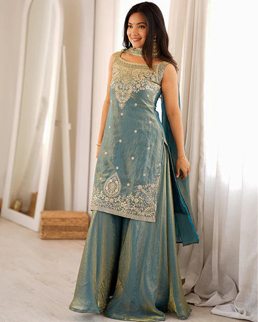 Blue Embroidered Sharara Suit