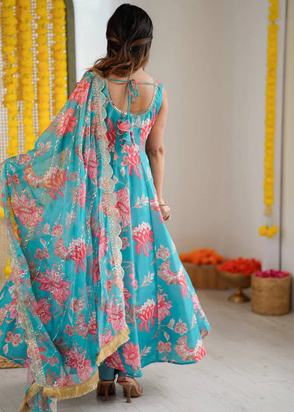 Sky Blue Printed and Embroidered Anarkali Gown