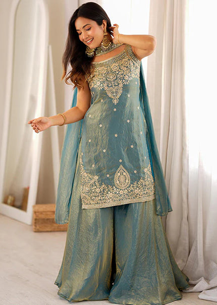 Blue Embroidered Sharara Suit