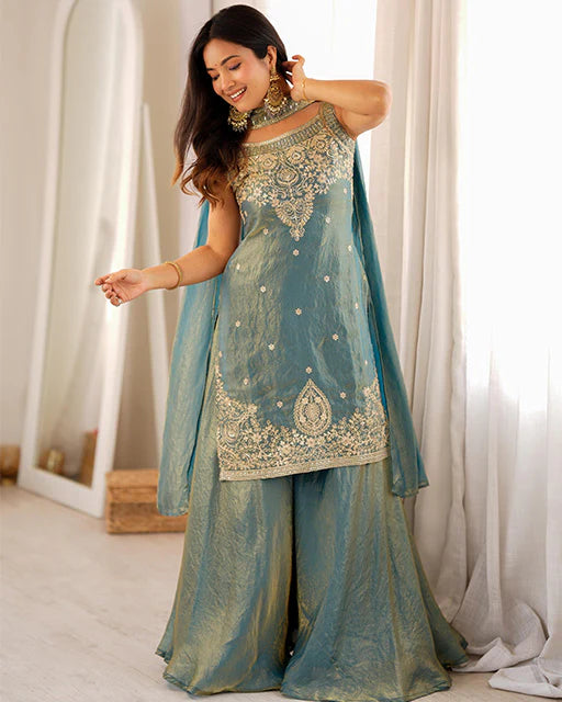 Blue Embroidered Sharara Suit