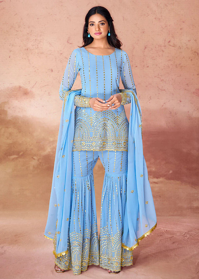 Blue Embroidered Gharara Suit