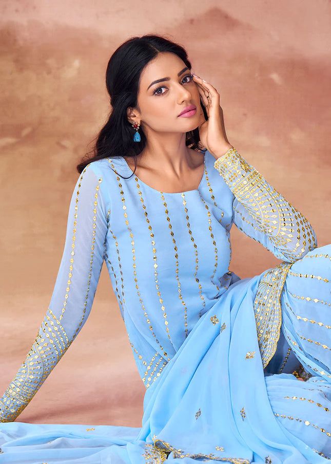 Blue Embroidered Gharara Suit