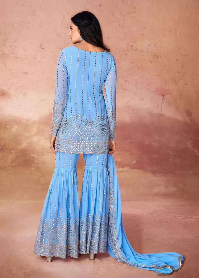 Blue Embroidered Gharara Suit