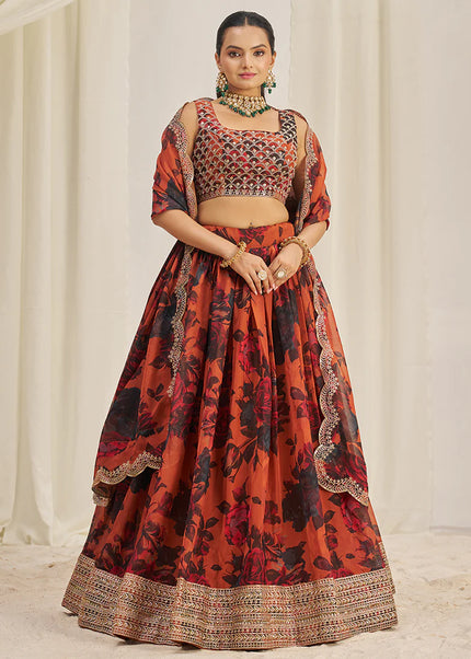 Orange Floral Printed and Embroidered Lehenga Choli