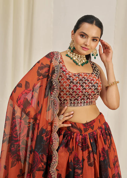 Orange Floral Printed and Embroidered Lehenga Choli