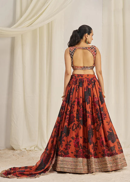 Orange Floral Printed and Embroidered Lehenga Choli