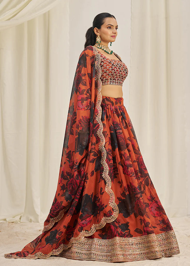 Orange Floral Printed and Embroidered Lehenga Choli