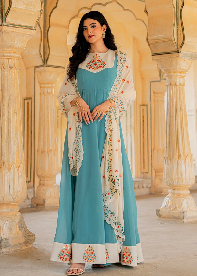 Sky Blue Embroidered Anarkali Gown