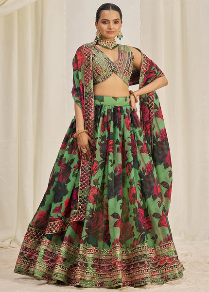 Green Floral Printed and Embroidered Lehenga Choli