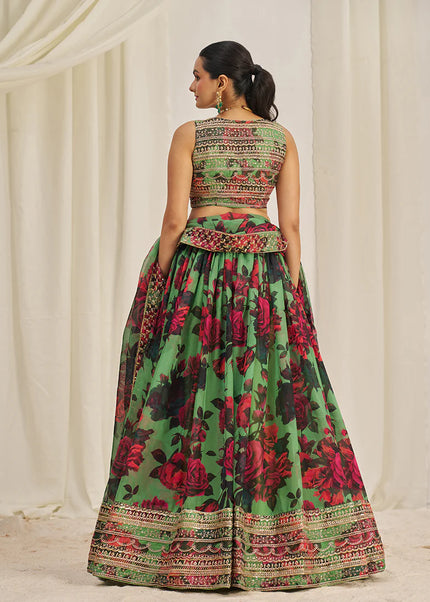 Green Floral Printed and Embroidered Lehenga Choli