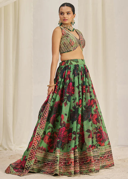 Green Floral Printed and Embroidered Lehenga Choli