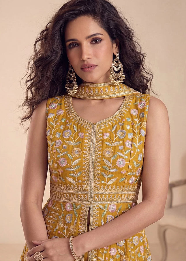 Yellow Embroidered Sharara Suit
