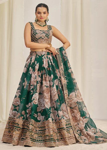 Dark Green Floral Printed and Embroidered Lehenga Choli