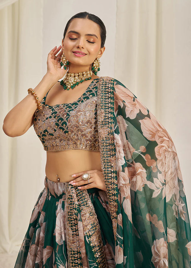 Dark Green Floral Printed and Embroidered Lehenga Choli