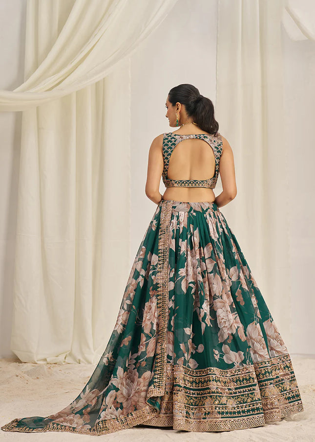 Dark Green Floral Printed and Embroidered Lehenga Choli