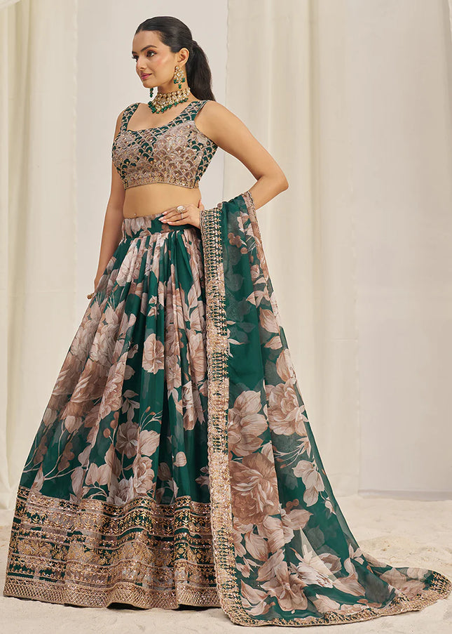 Dark Green Floral Printed and Embroidered Lehenga Choli