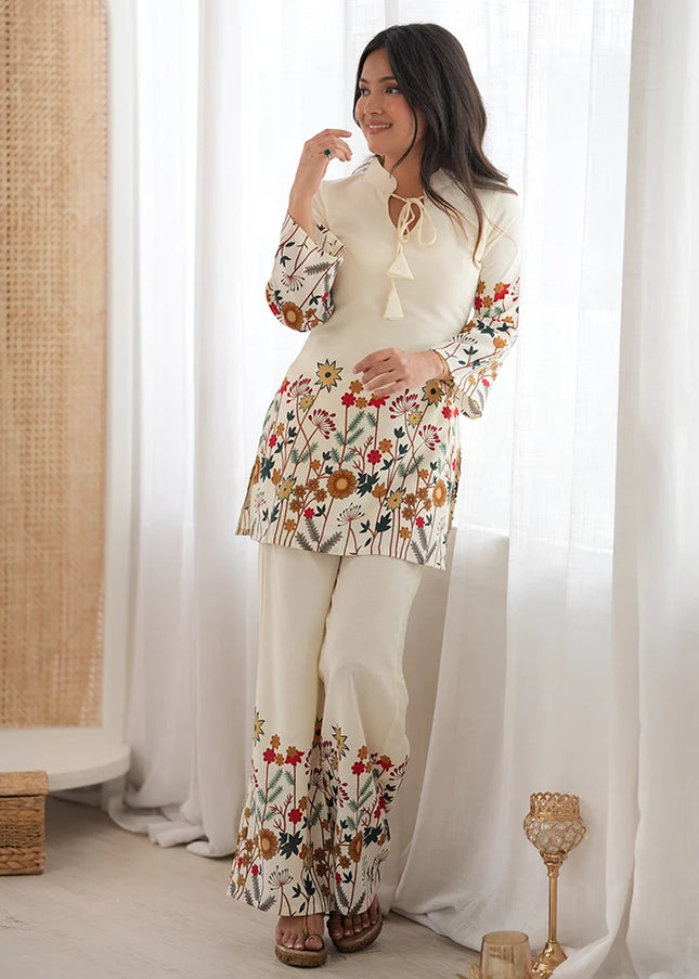 Offwhite Floral Printed Pant Style Suit