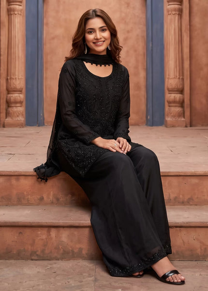 Black Embroidered Palazzo Suit