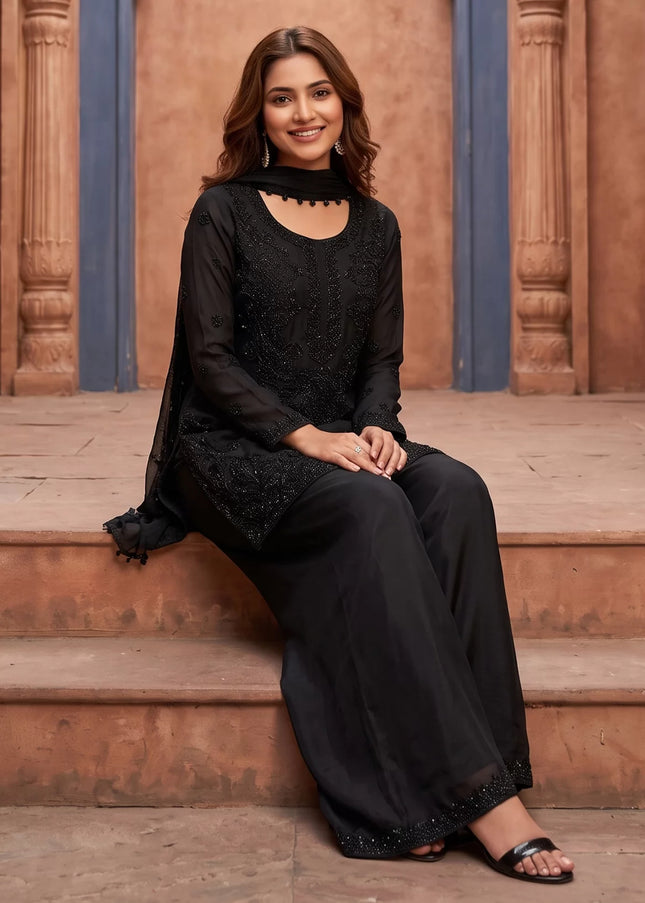 Black Embroidered Palazzo Suit