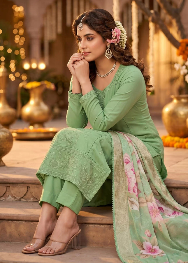 Green Embroidered Pant Style Suit