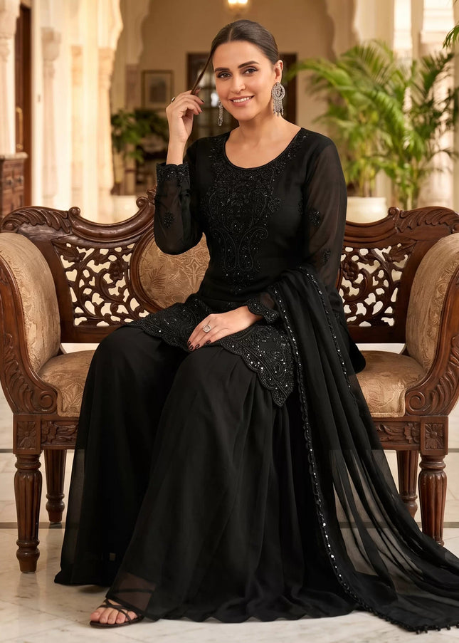 Black Embroidered Sharara Suit