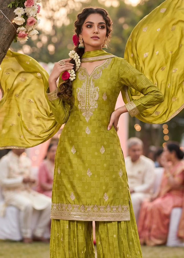 Green Embroidered Palazzo Suit