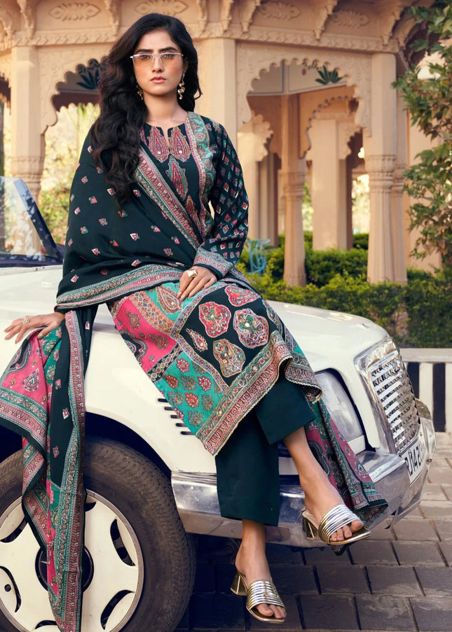 Navy Blue Printed and Embroidered Pant Suit