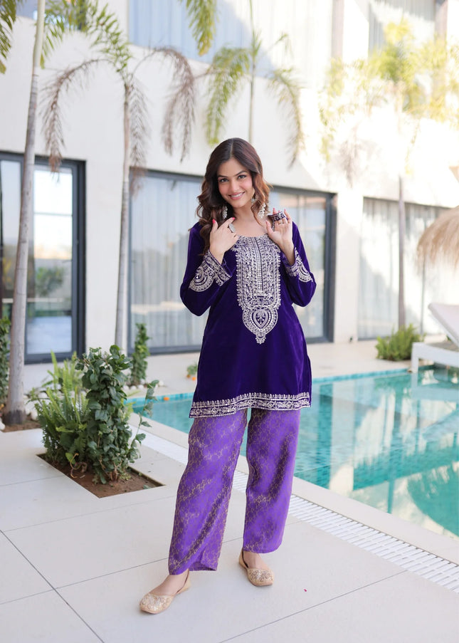 Purple Embroidered Pant Style Suit