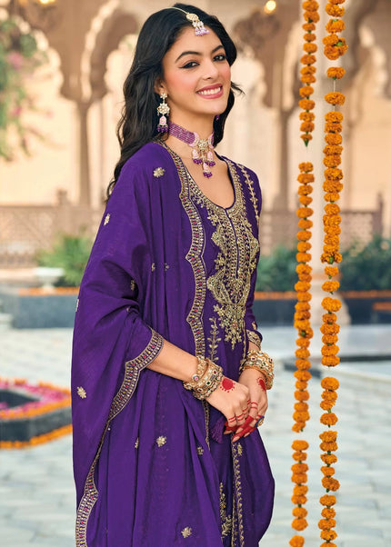 Purple Embroidered Pant Style Suit