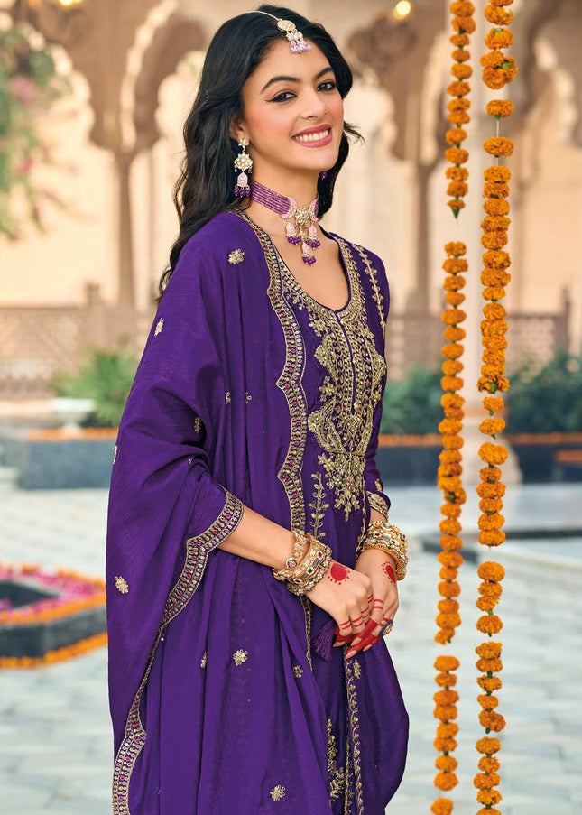 Purple Embroidered Pant Style Suit