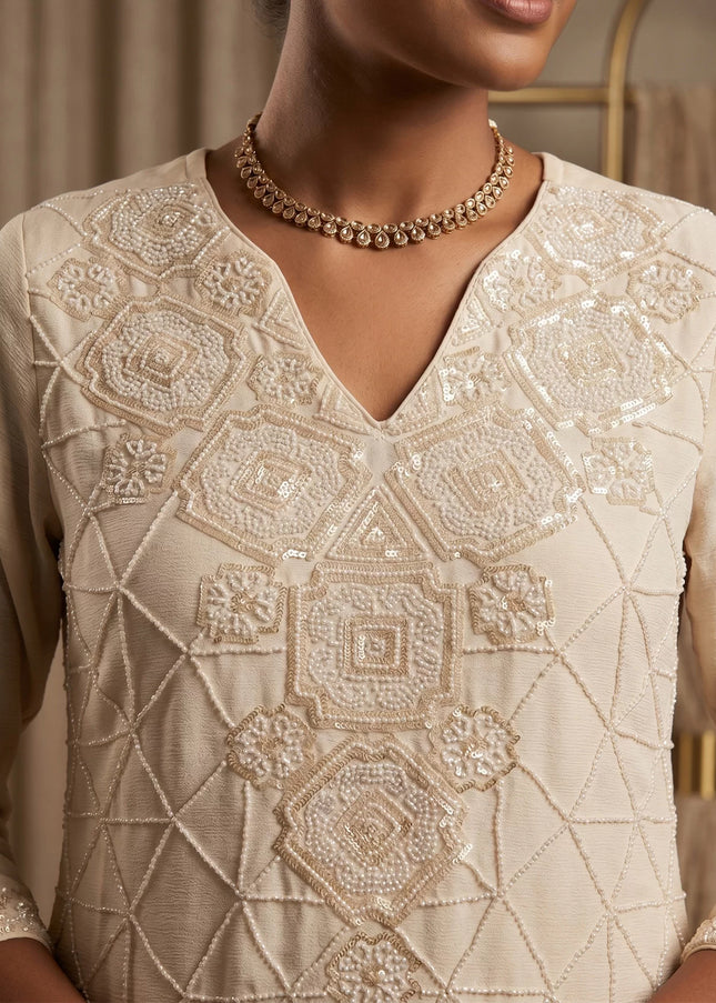 Cream Embroidered Sharara Suit