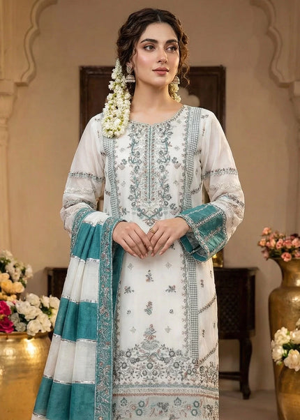 Offwhite and Teal Embroidered Pant Style Suit