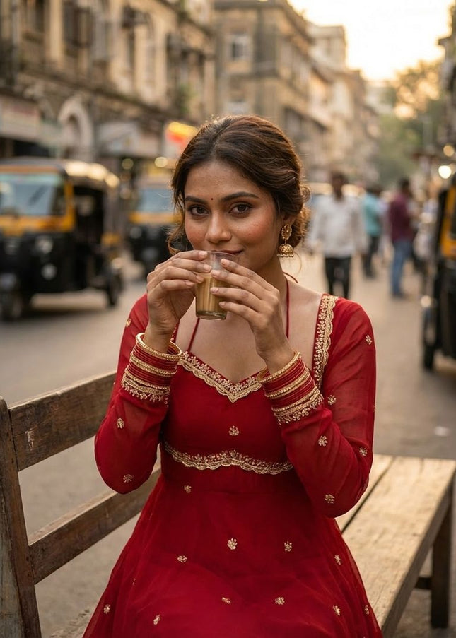 Red Embroidered Anarkali Gown