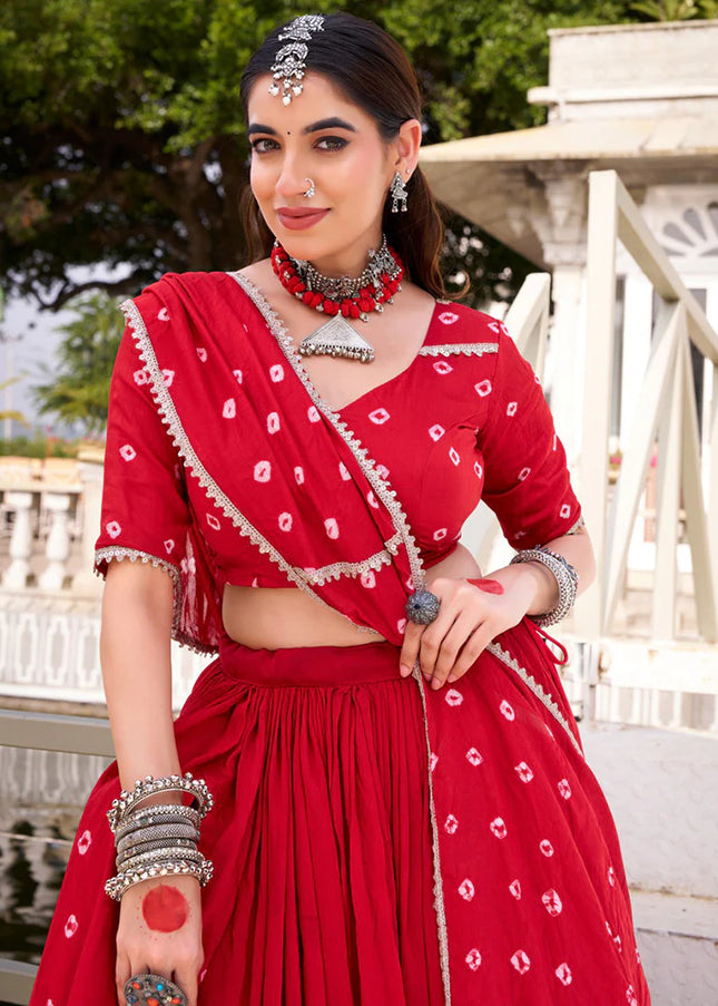 Red Printed and Embroidered Lehenga Choli