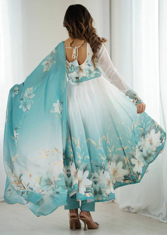 Offwhite and Aqua Floral Printed Anarkali Suit