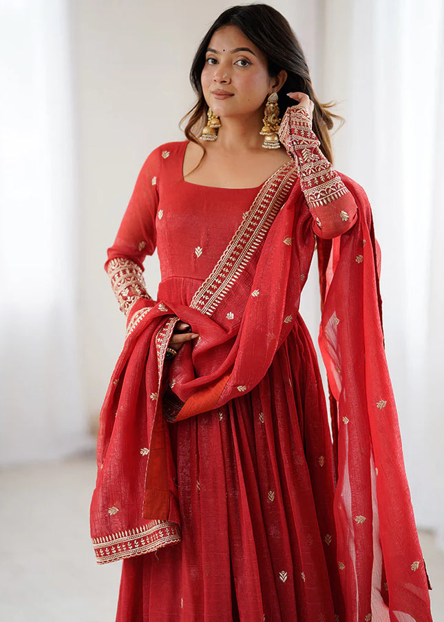 Rust Embroidered Anarkali Gown