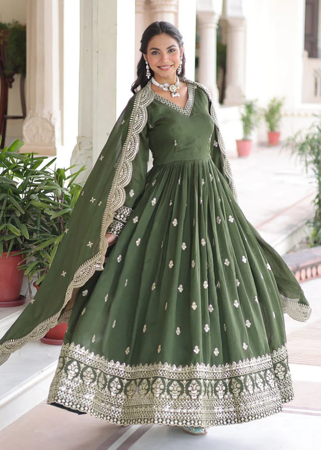 Green Embroidered Anarkali Gown