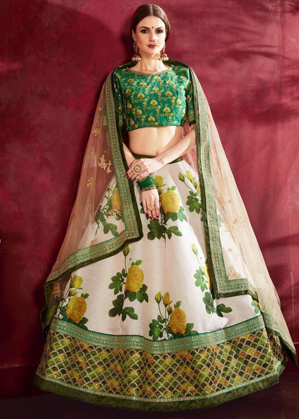 Off White and Green Floral Printed and Embroidered Lehenga Choli