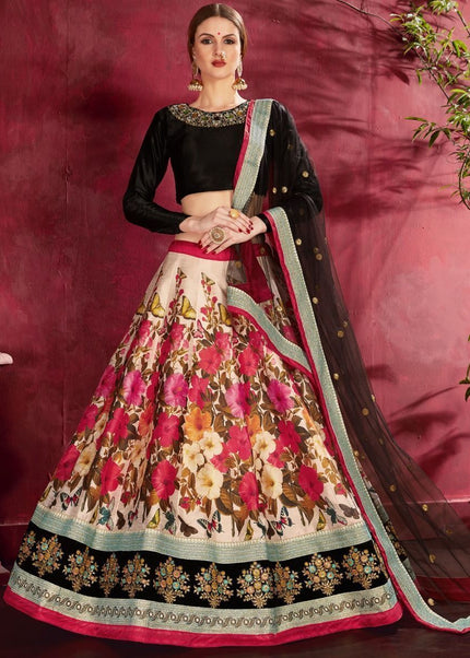 Black-Multicolor Floral Printed and Embroidered Lehenga Choli