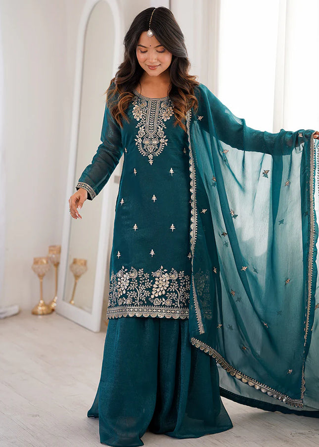 Teal Embroidered Sharara Suit