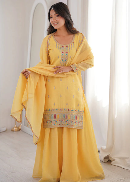 Yellow Embroidered Sharara Suit
