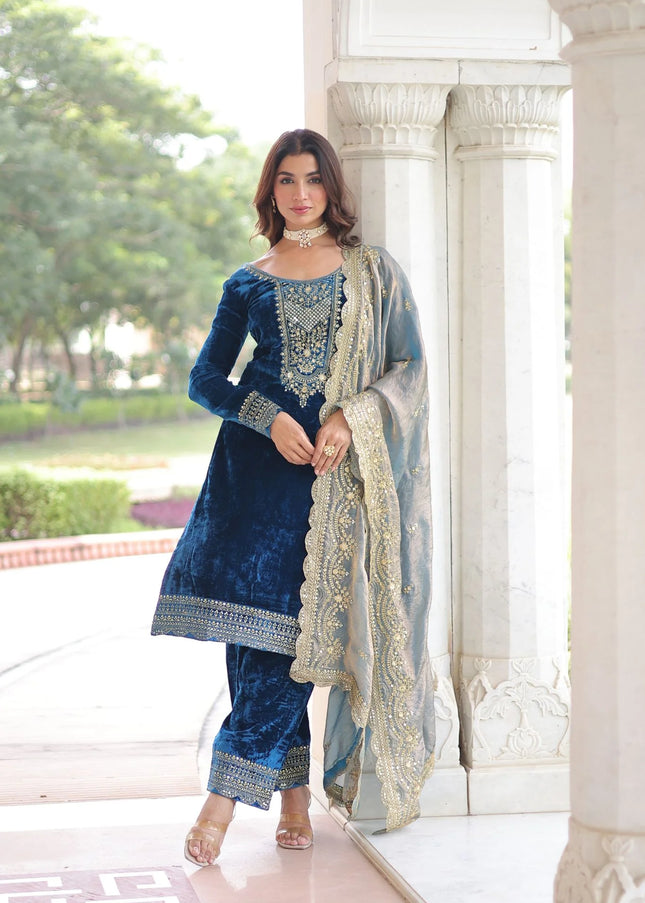 Blue Embroidered Pant Style Suit