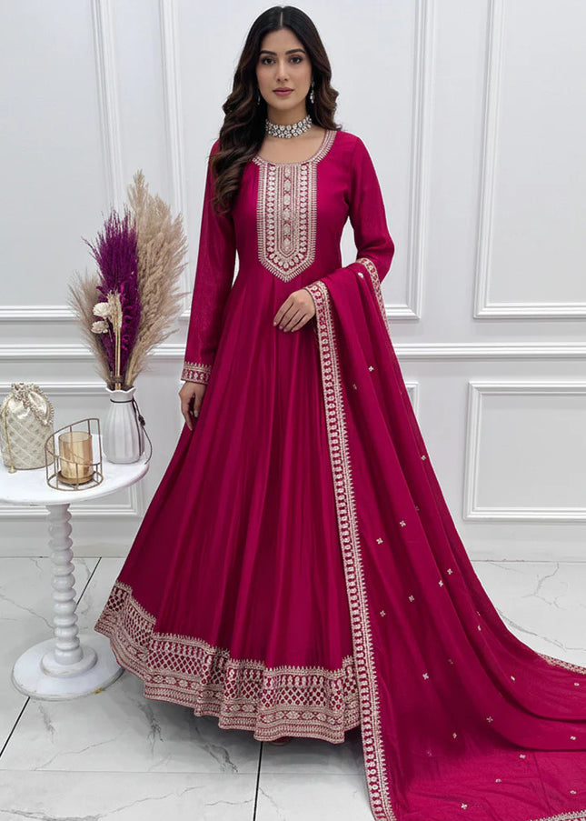 Dark Pink Embroidered Anarkali Gown