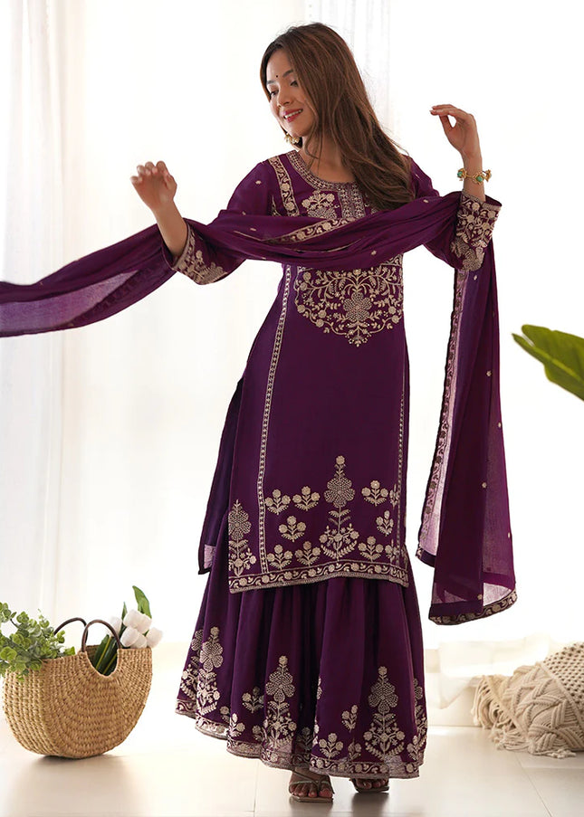 Purple Embroidered Sharara Suit