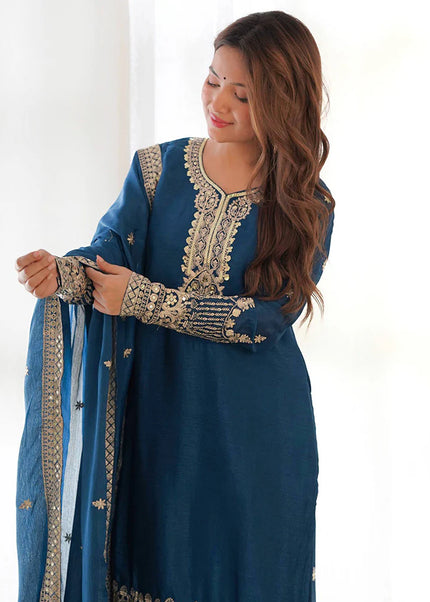 Teal Embroidered Pant Style Suit