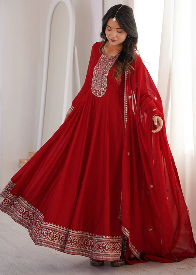 Dark Red Embroidered Anarkali Gown