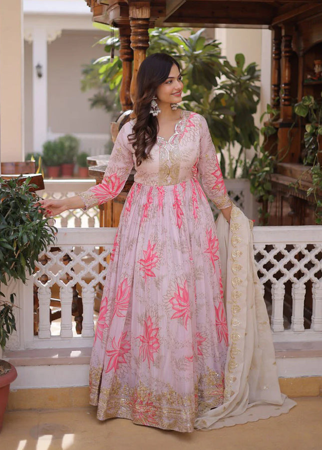 Pink Printed and Embroidered Anarkali Gown