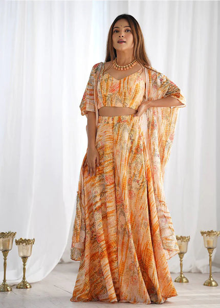 Cream Floral Printed Jacket Style Sharara Suit