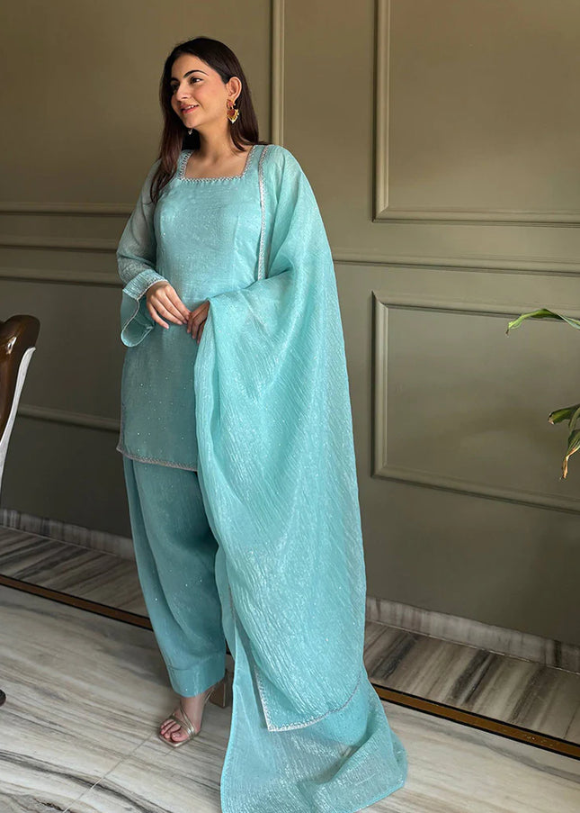 Sky Blue Embroidered Pant Style Suit